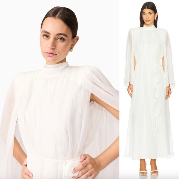 ELLIATTNWT Melissa Gown in White Cape Maxi Dress Flower Belt M